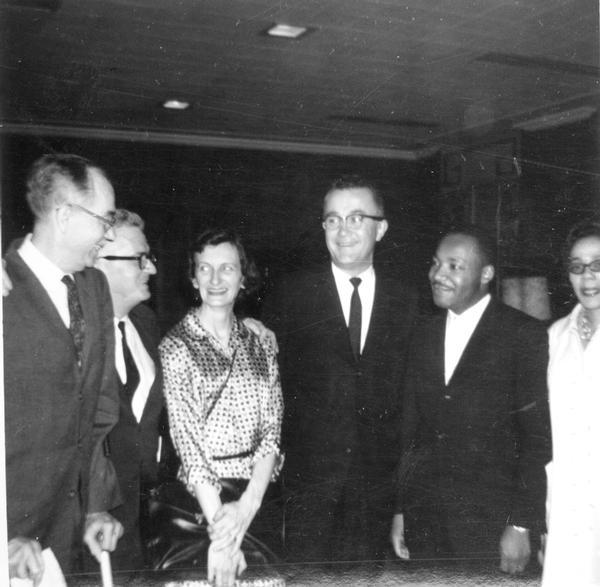Pictured left to right are James Dombrowski, Carl and Anne Braden, Frank Wilkinson, Martin Luther King, Jr. and Coretta King at a reception in Atlanta, Georgia.