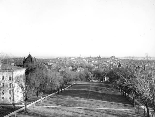 A view from Bascom Hill toward the Wisconsin State Capitol.