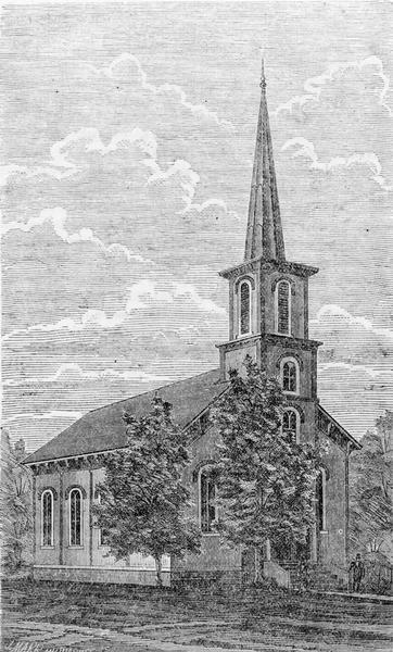 Wood engraving of the Congregationalist Church in Peshtigo. From the book "Sketch Of The Great Fires In Wisconsin".