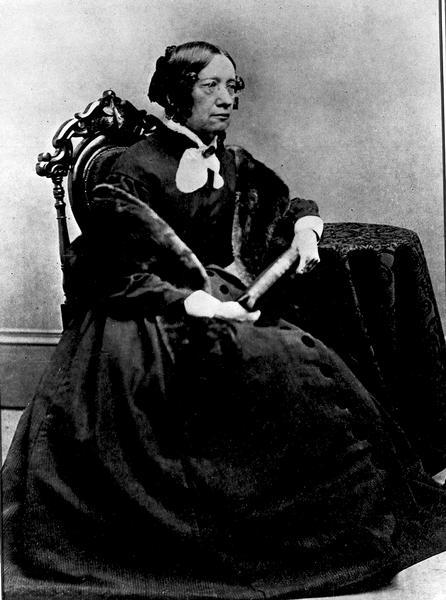 Seated studio portrait of Catharine Beecher, sister of Harriet Beecher Stowe.