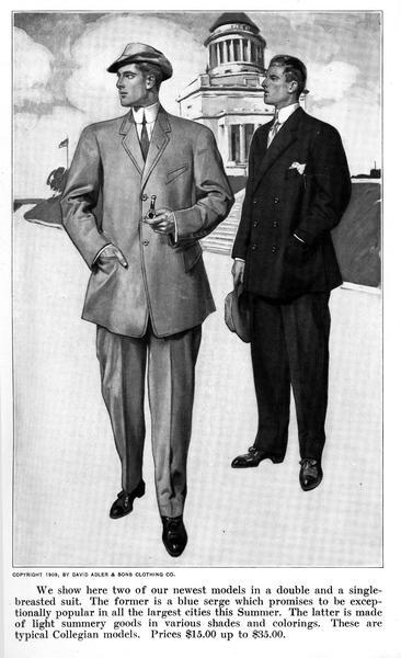 An illustration of two men modeling spring suits with a domed building in the background, as shown in the spring and summer issue of the "Fashion Suggester."