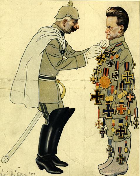A color cartoon depicting Robert M. La Follette, Sr. as pro-German, showing Kaiser pinning medals on him.