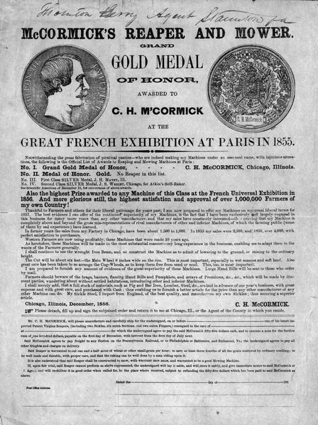 Handbill and order form advertising reaper and mower manufactured by Cyrus Hall McCormick. This describes the gold medal awarded at the "Great French Exhibition" at Paris in 1855.