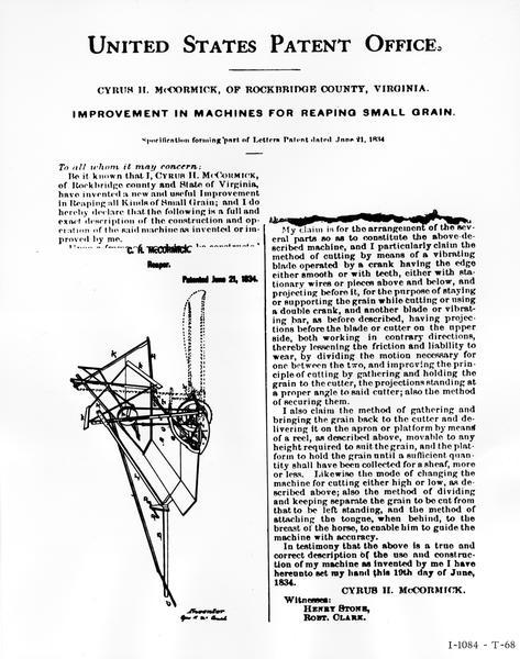 Press release image compiled by the International Harvester Company. The image includes "excerpts of the patent grant from the U.S. Patent Office to Cyrus Hall McCormick for his reaper, patented June 21, 1834 [quote from press release]". Also includes the text "improvement in machines for reaping small grain."