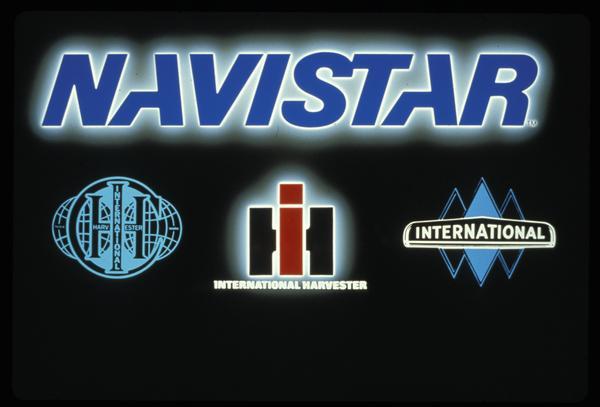 Poster introducing the "Navistar" brand name. Features illustrations of logos and/or trademarks that preceded the change, including the "triple diamond."