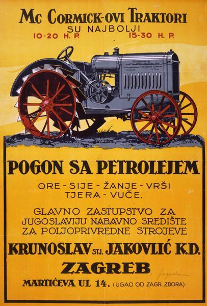 Advertising poster for McCormick 10-20 and 15-30 tractors. Produced for International Harvester in Zagreb, Yugoslavia. Includes the text "McCormick-ovi Traktori." Includes a color illustration of a tractor.