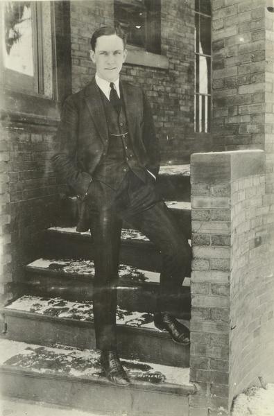 Frederic March as Freddy Bickel, photographed on the steps of his fraternity house when he was president of the 1920 senior class.