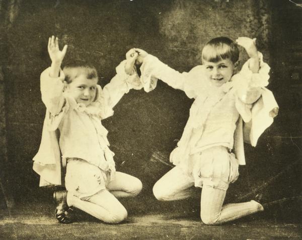 A photograph of Fredric March as a child (on the right) performing in a church pageant with another child.