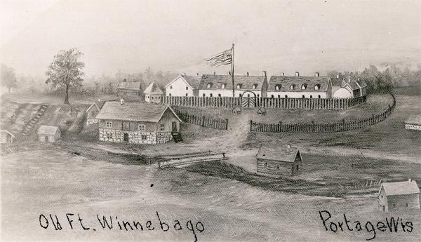 Reproduction of an oil painting of Fort Winnebago, which was built in 1827 by Major William Whistler and a detachment of the First Infantry. Caption reads: "Old Ft. Winnebago, Portage, Wis."