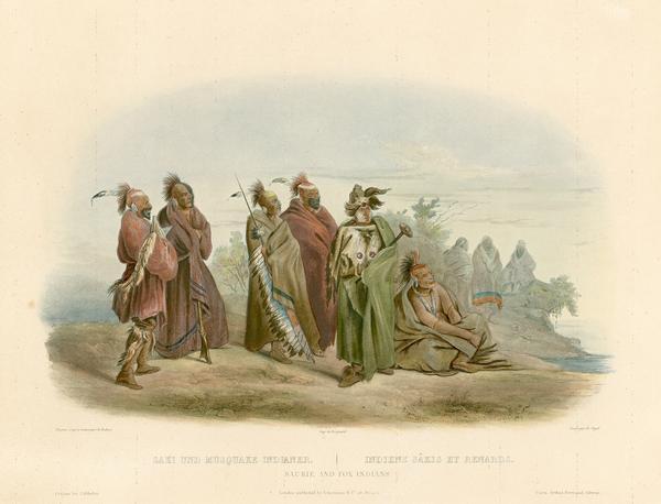 Hand-tinted plate depicting Sauk and Fox Indians on a beach near St. Louis drawn by Karl Bodmer, engraved by Vogel, printed by Bougeard, published by J. Holscher in Coblenz, and by Ackermann and Co. in London. From "Travels in the Interior of North America," by Maximillian, Prince of Wied Newied.