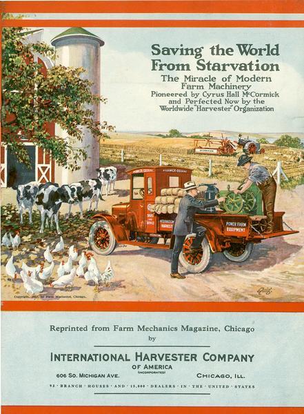 Color advertising flyer entitled "Saving the World From Starvation." Features an illustration of a man in a suit and hat and a farmer looking at McCormick-Deering farm equipment on a truck bed in a barnyard. Cows and chickens are to the left, and in the background a man is driving a tractor and reaper in a field.