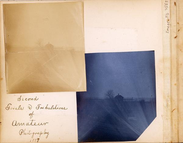 Scrapbook page containing a cyanotype print and an albumen print looking toward Lake Michigan.