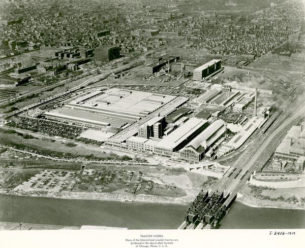 Aerial view of an International Harvester farm machinery manufacturing plant.