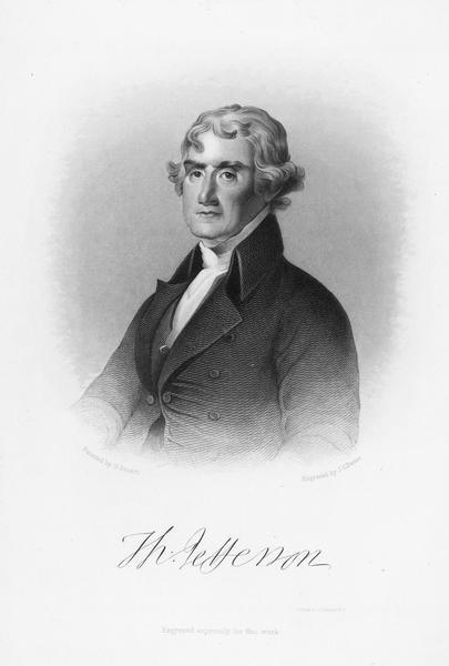 Quarter-length engraving portrait of Thomas Jefferson painted by G. Stuart and engraved by J.C. Buttre. From "The History of Democracy in the United States."