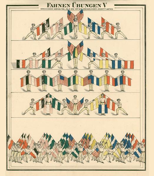 Plate V from Turnversin manual "Fahnen-Uebungen" (Flag exercises).  "Different lifts both to and from standing position, including changing footsteps."  From a set of lithograph plates of gymnastic exercises for instruction published as A. Lang's Turntafeln, Illustrationen freibearbeitet nach J.C. Lion & August Ravenstein, Chicago, 1876.