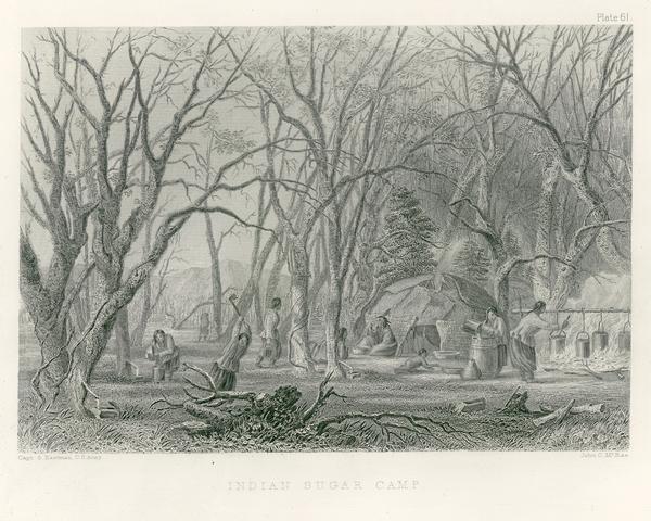 Chippewa Indian Sugar Camp. Plate 61, preceding p. 199, vol. I, <i>The Indian tribes of the United States: their history antiquities, customs, religion, arts, language, traditions, oral legends, and myths</i>, ed. Francis S. Drake, 1884. From the earlier edition in 6 volumes by Henry Rowe Schoolcraft, 1847-57, Pl. 9, p. 59, vol. II.<p>Photocopies of illustrations from Henry Rowe Schoolcraft's Information Respecting the History, Conditions and Prospect of the Indian Tribes of the United States, 1847-1857. 55 copyprints with probable additions. Drawn by Captain Seth Eastman, U.S. Army.</p>