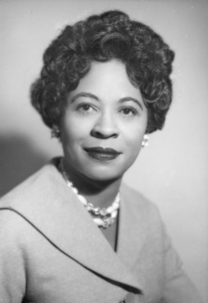 Head and shoulder portrait of Daisy Bates, head of the Arkansas NAACP and a key figure in the Little Rock school desegregation crisis of September 1957.