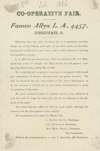 A formal announcement of a Co-operative Fair that was held in March of 1886.