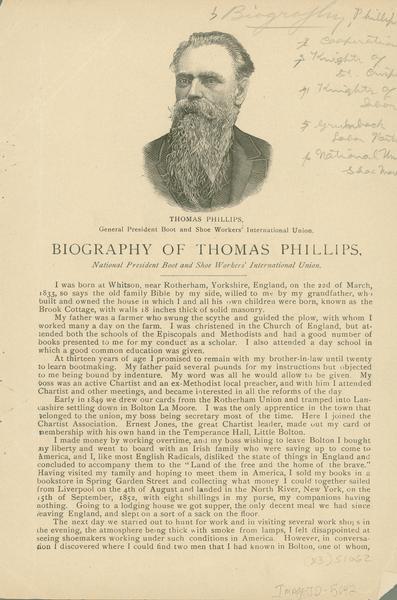 A woodcut image of Thomas Phillips, the general president of the Boot and Shoe Workers International Union, accompanying his biography.