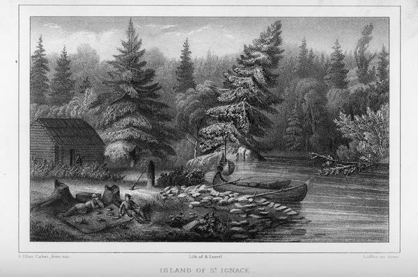 Pastoral scene depicting a small bay on the Island of St. Ignace in Lake Superior with canoes on the rocky beach, two men conversing on a blanket in the foreground, and a log house built by the Montreal Mining Company in the background.