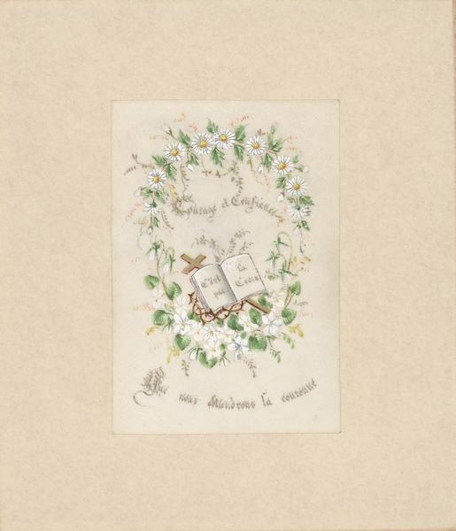 Holy card with watercolor of a wreath of white flowers encircling an open book resting on a cross and crown of thorns.