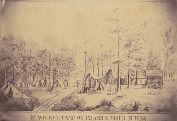 Sketch of the camp of the 15th Regiment of the Wisconsin Volunteer Infantry on Island No. 10 during the Civil War. Colonel Hans Christian Heg commanded the regiment at that time.
