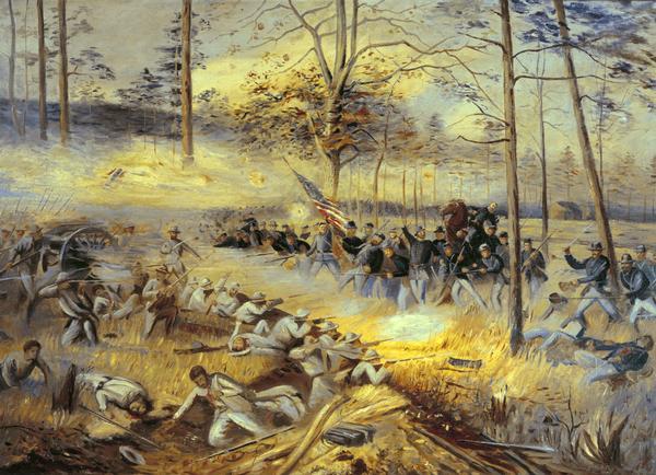 "Battle of Chickamauga," an oil painting depicting a dramatic moment in the Battle of Chickamauga, painted by Alfred Thorsen after the lithograph. "Charge of the 15th Wisconsin at Chickamauga; Death of Colonel Heg" has also appeared as a title with this depiction.
