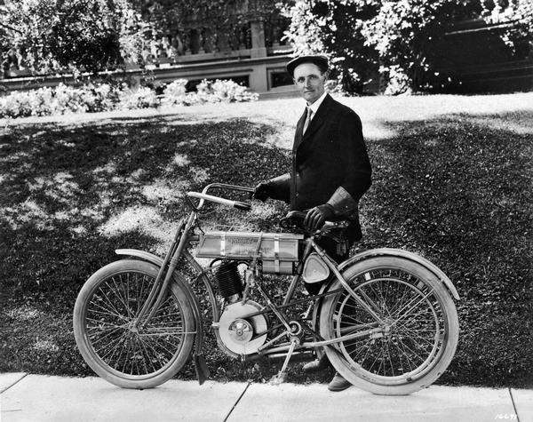 Walter Davidson and the motorcycle with which he won the two day endurance run from Catskill, New York to Brooklyn and Long Island, New York on June 28-29th.