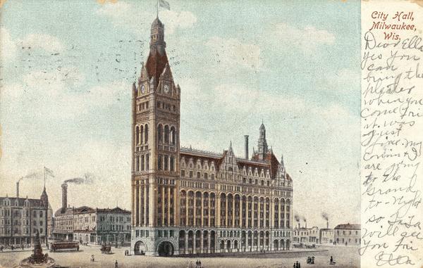 Slightly elevated view of Milwaukee City Hall. Caption reads: "City Hall, Milwaukee, Wis."