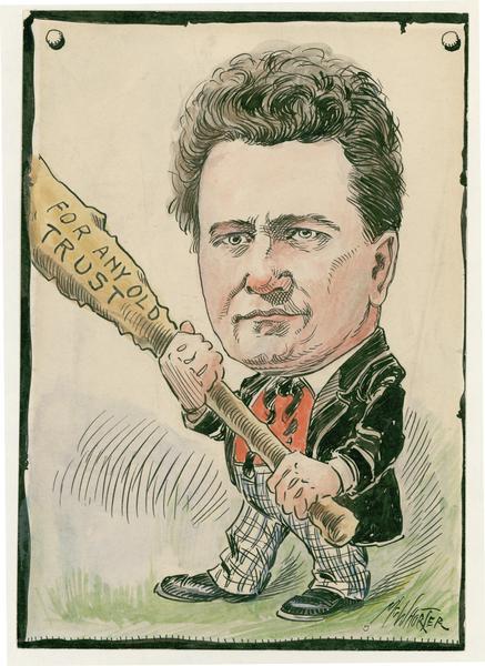 Political cartoon of Robert M. La Follette, Sr. A verse is written below the cartoon and refers to the period when he first became a senator. The verse is entitled: "From the Railroads to La Follette" and reads--From the Badger wilds comes an "ornry cuss" With a lot of noise and a lot of fuss To make in the senate an awful muss  And mix up a horrible dose for us. He will not be fixed and he spurns our bait  Nor would he be governor of his state  He's whetted his knife for the special rate And swears that he'll slaughter our dear rebate.