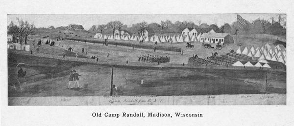 Christmas and New Years greeting card from Hosea W. Rood, presumably sent to his comrades of the 12th Wisconsin Volunteer Infantry, Company E, who had been with him at Camp Randall 64 years before.  It features a reproduction and description of John Gaddis's sketch "Old Camp Randall, Madison, Wisconsin."<p>Original text from Rood:<p>"Milton, Wisconsin Dec, 10 1925.<p>Dear Comrades--I am sending you for this Holiday Season a reminder of our Christmas and New Years Sixty-four years ago.  To some of you this picture will look natural.  It was made from a pencil sketch by John Gaddis, Co. E.  He sits by a telegraph post just at this edge.  The "Old Twelfth" is on Dress Parade--tents just at the back of the line.  Colonel Bryant stands back in front of the center.  At the right the Sixteenth is on drill near their tents.  In sending this I am wishing every one of you every possible good thing.  May the Lord bless you and keep you.<p>Hosea W. Rood, Co. E."</p>