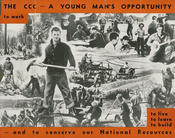 A foldout, illustrated poster for a Civilian Conservation Corps (CCC) youth program featuring images of teenaged boys working. The text reads: "The CCC — A Young Man's Opportunity to Work and To Conserve our National Resources."
