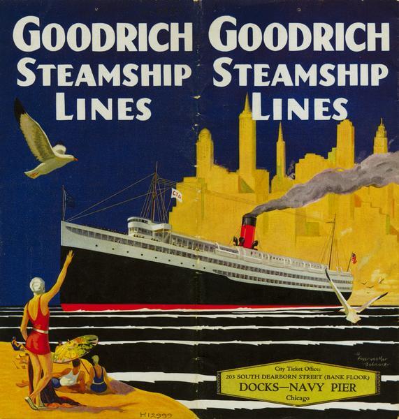 Cover from Goodrich Steamship Lines schedule, with a picture of a screw-driven passenger/freight vessel against the Chicago skyline and a beach scene in the foreground. The vessel could be the "City of Grand Rapids".
