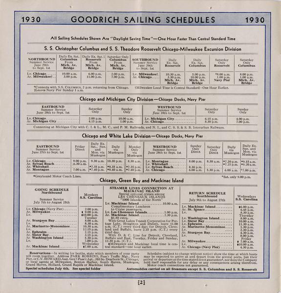 Page 2 of the sailing schedules gives the sailing times and for the Christopher Columbus and Theodore Roosevelt and other Goodrich ships. Connections to several railroads are listed.