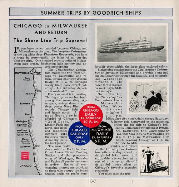 Page 4 from the schedule describes the trip from Chicago, Illinois, to Milwaukee, Wisconsin, on the "Christopher Columbus" or "Theodore Roosevelt". Included is a map of the shoreline, and a photograph of the "Christopher Columbus" as well as drawings of the passengers.
