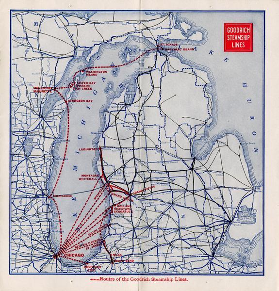 Page 8 of the 1930 schedule is a map of the routes of the Goodrich Steamship Lines in Lake Michigan and Lake Huron.