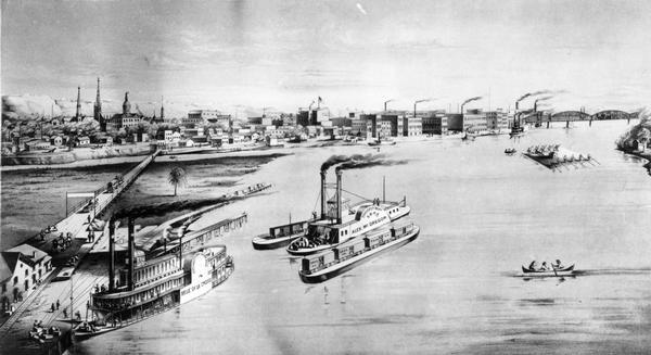 The harbor, showing the sidewheel packet, "Belle of La Crosse," and the sidewheel ferry "Alex McGregor." Other boats are also seen including two barges loaded with railroad cars and a canoe.