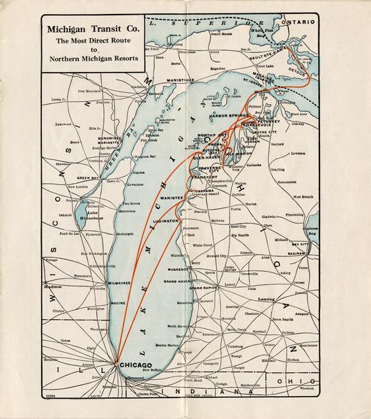 Map of the routes of the screw-driven passenger/freight vessels of the Michigan Transit Company for 1926.