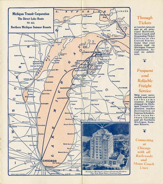 Map of the routes of the screw passenger and freight vessels of the Michigan Transit Company. Includes a picture of the Park Place hotel in Traverse City, Michigan.
