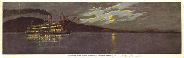 The sternwheel excursion, "J.S." in the moonlight on the Mississippi River taken in 1906.