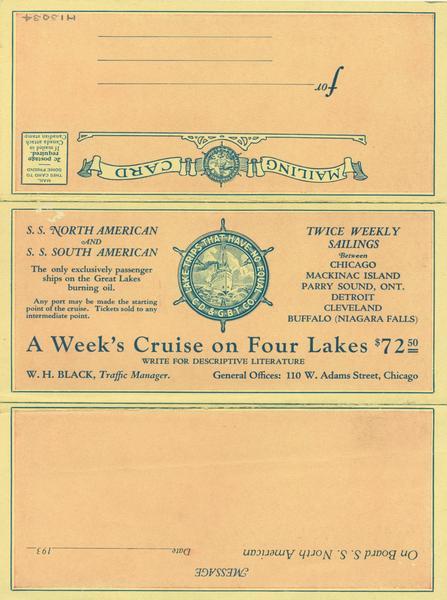 Front of dinner menu for the "North American" for the season. Gives rates for cruises on the "North American" or "South American" between Chicago, Illinois, Mackinac Island, Michigan, Parry Sound, Ontario, Detroit, Michigan, Cleveland, Ohio, and Buffalo, New York. Menu is designed to be folded and addressed and mailed to a friend.