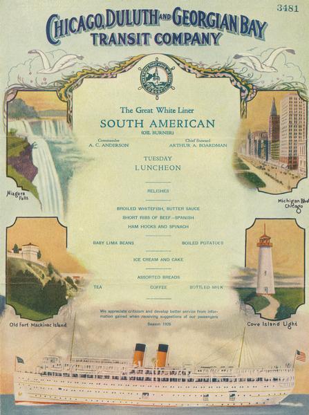 Inside of Tuesday luncheon menu for the "South American." Includes drawings of Niagara Falls, New York, Old Fort Mackinac Island, Michigan, Michigan Boulevard, Chicago, Illinois and Cove Island Light, Ontario, as well as a drawing of the "South American."