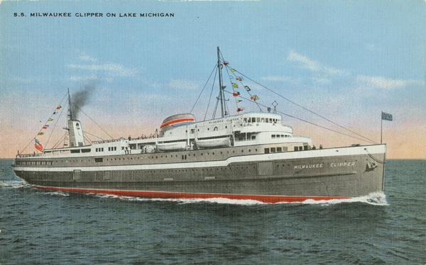 The screw passenger and freight vessel, <i>S.S. Milwaukee Clipper</i>, on Lake Michigan. Originally named <i>Juniata</i>.