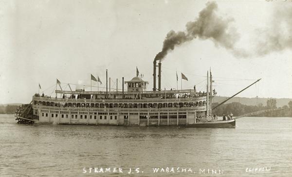 The sternwheel excursion, <i>J.S.</i>, taken near Wabasha. Caption reads: "Steamer J.S. Wabasha, Minn."