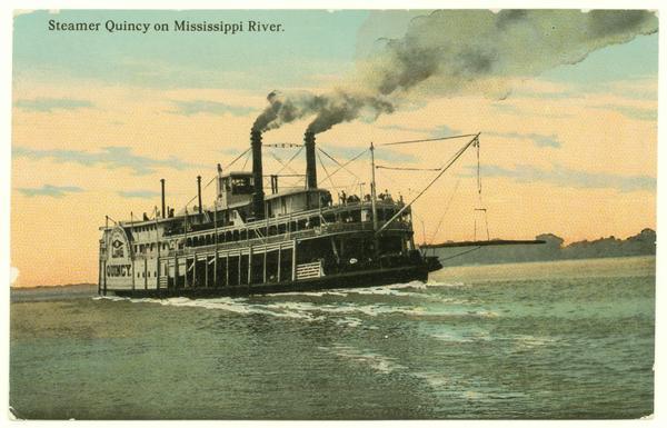 The stern view of the sidewheel packet, <i>Quincy</i>, on the Mississippi River. Later named <i>J.S.</i>