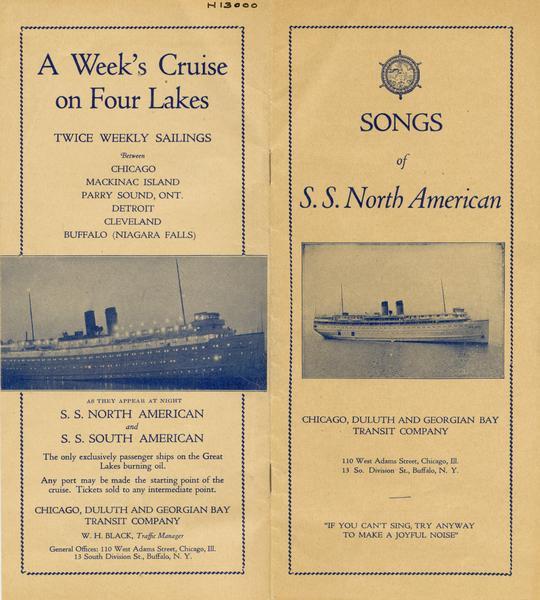 Cover from songbook used on the "S.S. <i>North American.</i>" Back cover advertises the sailings of the "North American" and "South American." Includes pictures of one of the ships at night and in daylight.