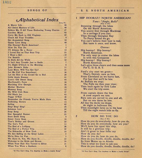 Pages 1-2 of the Songbook for the "S.S. North American" includes an index and the lyrics for 2 songs.