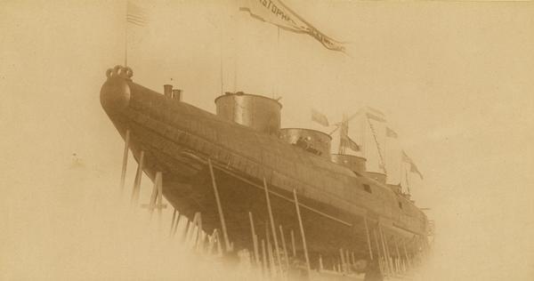 Captian Alex McDougall's passenger whaleback steamer the "Christopher Columbus" being built in the shipyard of the American Steel Barge Company.