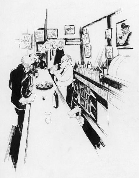 Drawing of Frank bartending at The J&L.