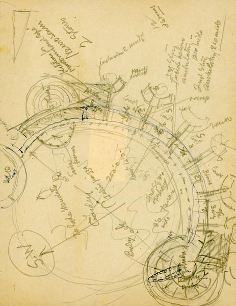 Site plan pencil sketch of the Neuroseum Hospital, to be located in Madison, Wisconsin, drawn by Frank Lloyd Wright.
